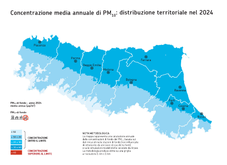 Figura 4: Distribuzione territoriale regionale della stima della concentrazione media annuale di PM10 (2024)