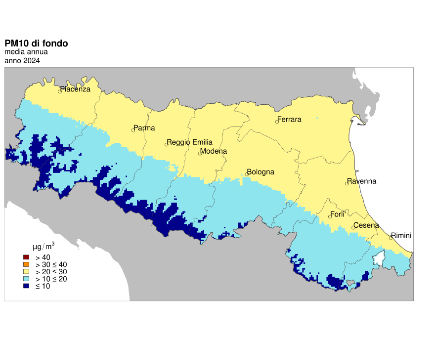 PM10 - Distribuzione territoriale regionale della stima della concentrazione media annuale (2024)