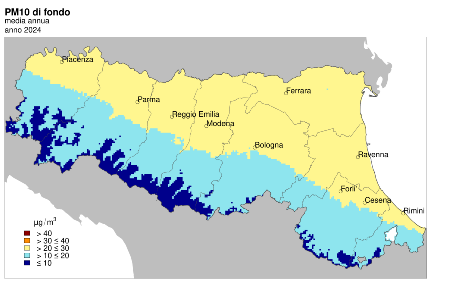 Figura 4: Distribuzione territoriale regionale della stima della concentrazione media annuale di PM10 (2024)