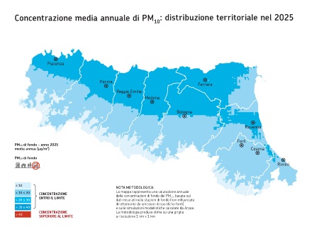 Figura 4: Distribuzione territoriale regionale della stima della concentrazione media annuale di PM10 (2025)