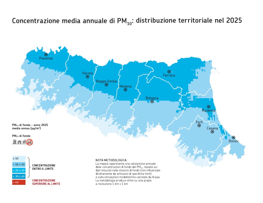 PM10 - Distribuzione territoriale regionale della stima della concentrazione media annuale (2025)