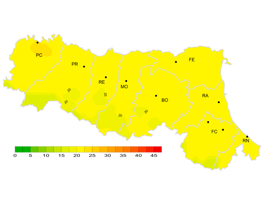 Indice di giorni continuativi senza pioggia - Distribuzione territoriale del n. di giorni consecutivi senza pioggia (numero massimo di giorni consecutivi con precipitazione < 1 mm), anno 2024 (inverno)