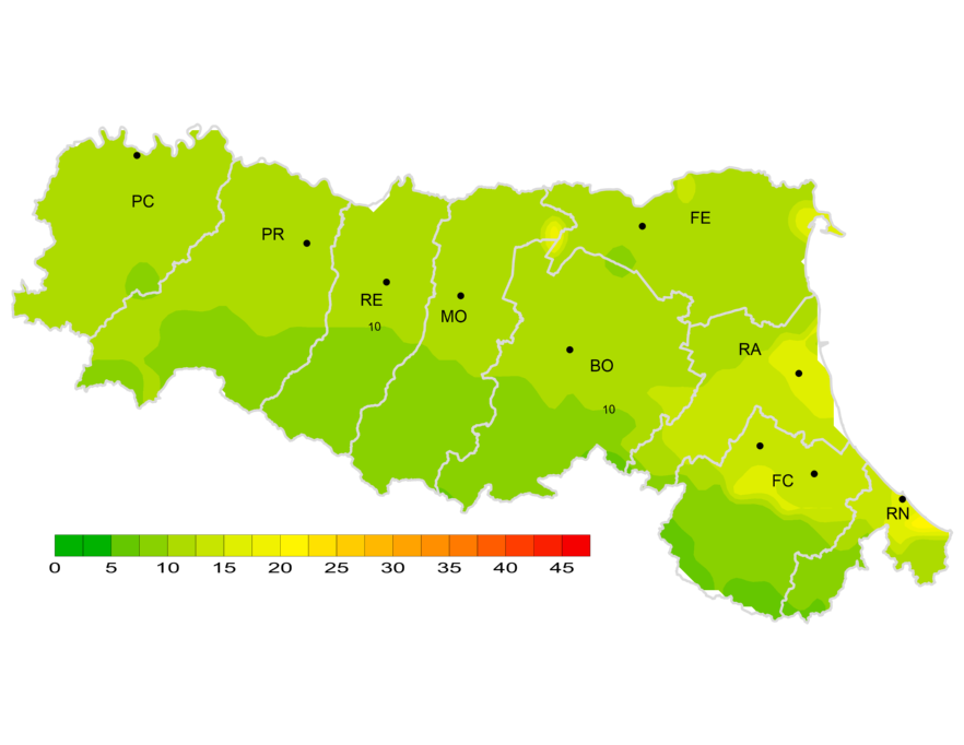 Indice di giorni continuativi senza pioggia - Distribuzione  territoriale del n. di giorni consecutivi senza pioggia (numero massimo di giorni consecutivi con precipitazione < 1 mm), anno 2025 (inverno)