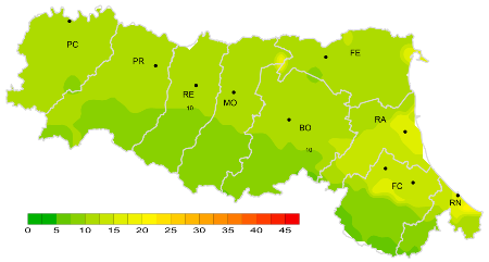 Figura 2: Indice di giorni continuativi senza pioggia - Distribuzione  territoriale del n. di giorni consecutivi senza pioggia (numero massimo di giorni consecutivi con precipitazione < 1 mm), anno 2025 (inverno)