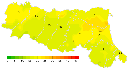 Figura 2: Indice di giorni continuativi senza pioggia - Distribuzione  territoriale del n. di giorni consecutivi senza pioggia (numero massimo di giorni consecutivi con precipitazione < 1 mm), anno 2023 (autunno)