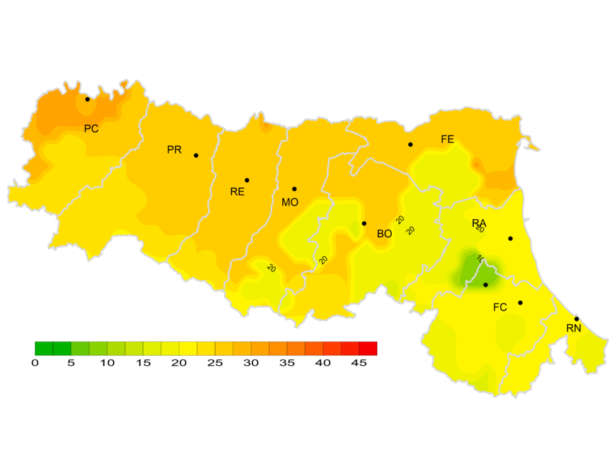 Indice di giorni continuativi senza pioggia - Distribuzione territoriale del n. di giorni consecutivi senza pioggia (numero massimo di giorni consecutivi con precipitazione < 1 mm), anno 2024 (autunno)