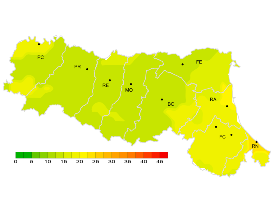 Indice di giorni continuativi senza pioggia - Distribuzione  territoriale del n. di giorni consecutivi senza pioggia (numero massimo di giorni consecutivi con precipitazione < 1 mm), anno 2025 (autunno)