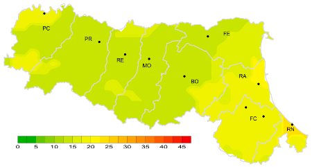 Figura 2: Indice di giorni continuativi senza pioggia - Distribuzione  territoriale del n. di giorni consecutivi senza pioggia (numero massimo di giorni consecutivi con precipitazione < 1 mm), anno 2025 (autunno)
