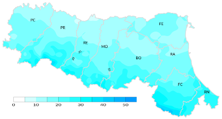 Figura 4: Indice di giorni piovosi - Distribuzione  territoriale del n. di giorni piovosi (precipitazione > 1 mm), anno 2023 (inverno)