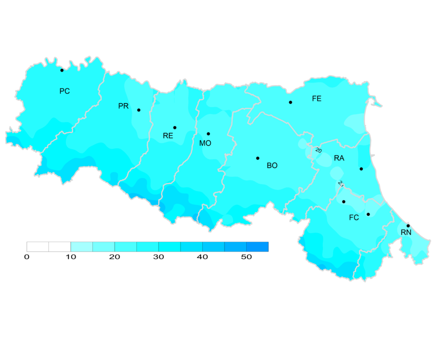 Indice di giorni piovosi - Distribuzione  territoriale del n. di giorni piovosi (precipitazione > 1 mm), anno 2024 (inverno)