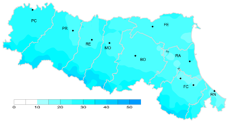 Figura 4: Indice di giorni piovosi - Distribuzione  territoriale del n. di giorni piovosi (precipitazione > 1 mm), anno 2024 (inverno)
