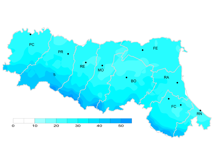 Indice di giorni piovosi - Distribuzione  territoriale del n. di giorni piovosi (precipitazione > 1 mm), anno 2025 (inverno)