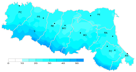 Figura 4: Indice di giorni piovosi - Distribuzione  territoriale del n. di giorni piovosi (precipitazione > 1 mm), anno 2025 (inverno)