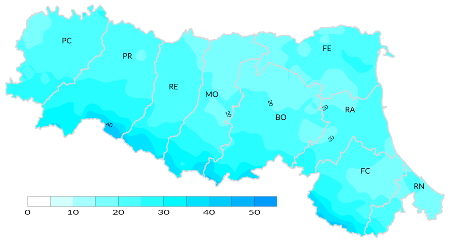 Figura 5: Indice di giorni piovosi - Distribuzione  territoriale del n. di giorni piovosi (precipitazione > 1 mm), anno 2023 (autunno)
