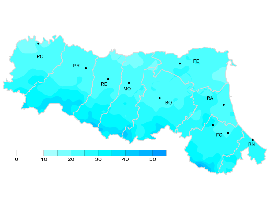 Indice di giorni piovosi - Distribuzione  territoriale del n. di giorni piovosi (precipitazione > 1 mm), anno 2024 (autunno)