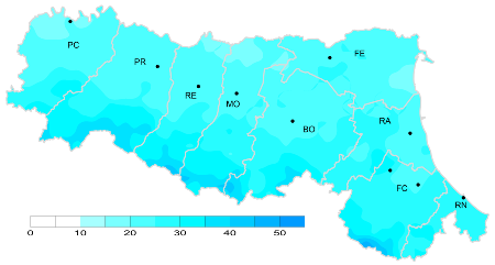 Figura 5: Indice di giorni piovosi - Distribuzione  territoriale del n. di giorni piovosi (precipitazione > 1 mm), anno 2024 (autunno)
