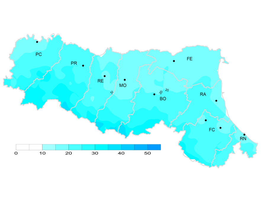 Indice di giorni piovosi - Distribuzione  territoriale del n. di giorni piovosi (precipitazione > 1 mm), anno 2025 (autunno)