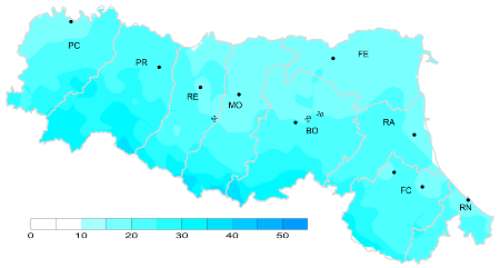 Figura 5: Indice di giorni piovosi - Distribuzione  territoriale del n. di giorni piovosi (precipitazione > 1 mm), anno 2025 (autunno)