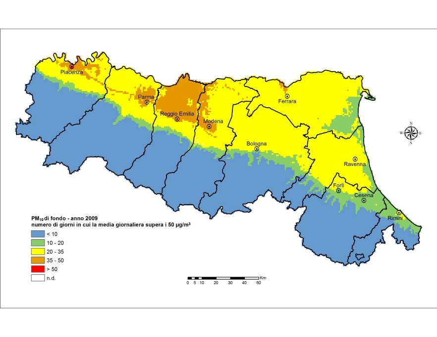 PM10 - Distribuzione territoriale regionale del numero di superamenti del valore limite giornaliero (2009)