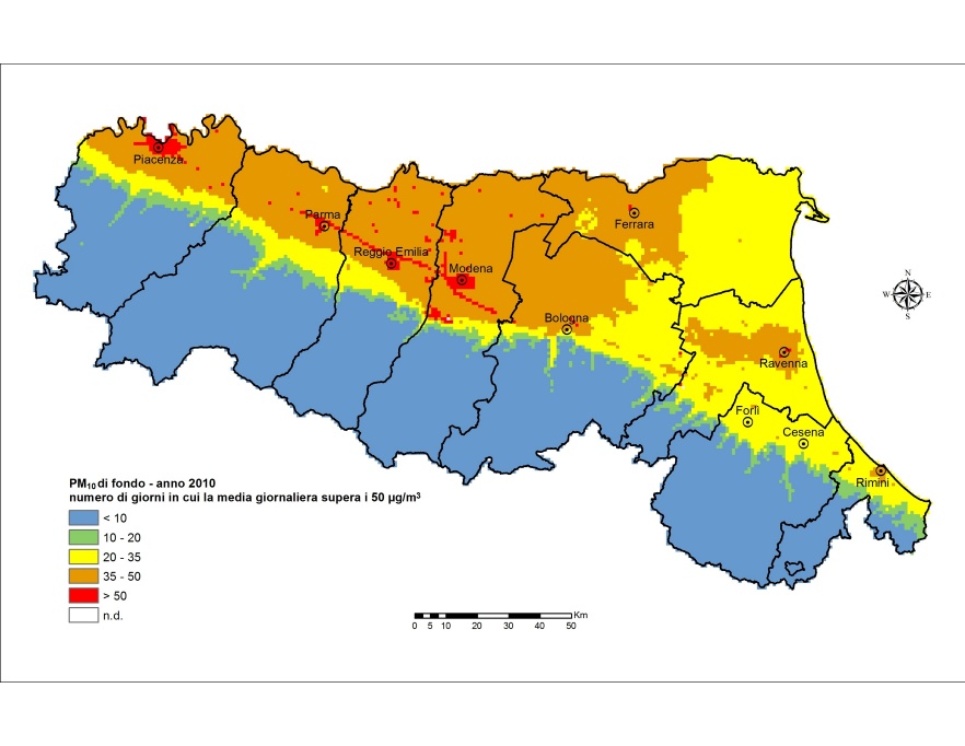 PM10 - Distribuzione territoriale regionale del numero di superamenti del valore limite giornaliero (2010)