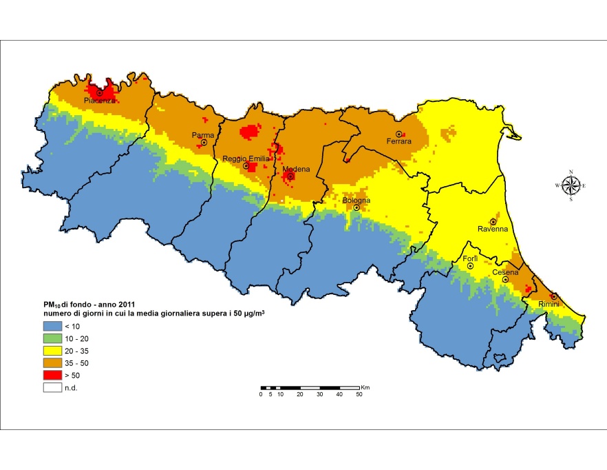 PM10 - Distribuzione territoriale regionale del numero di superamenti del valore limite giornaliero (2011)