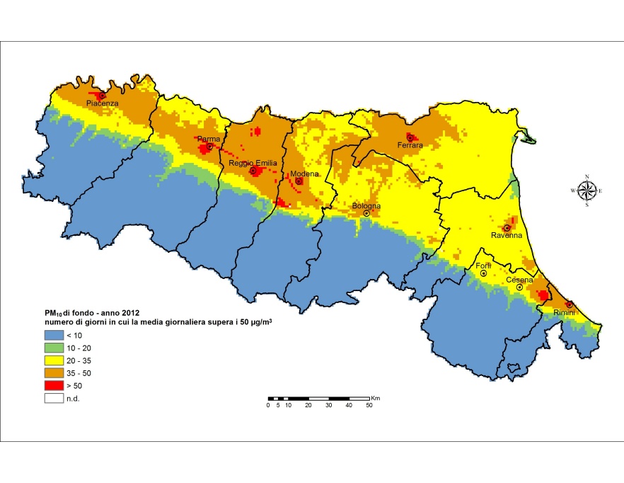 PM10 - Distribuzione territoriale regionale del numero di superamenti del valore limite giornaliero (2012)