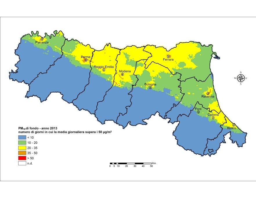 PM10 - Distribuzione territoriale regionale del numero di superamenti del valore limite giornaliero (2013)