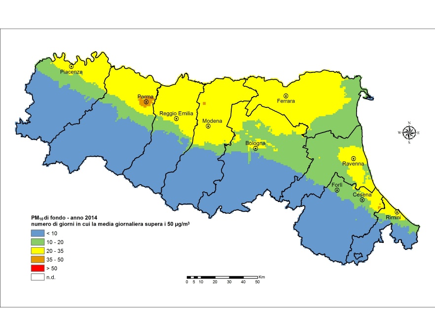 PM10 - Distribuzione territoriale regionale del numero di superamenti del valore limite giornaliero (2014)