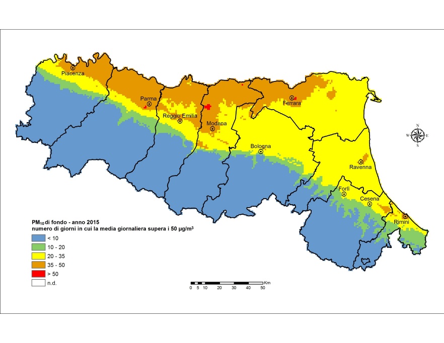 PM10 - Distribuzione territoriale regionale del numero di superamenti del valore limite giornaliero (2015)