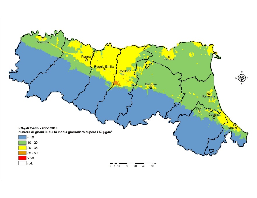PM10 - Distribuzione territoriale regionale del numero di superamenti del valore limite giornaliero (2016)