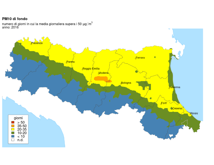 PM10 - Distribuzione territoriale regionale del numero di superamenti del valore limite giornaliero (2016)