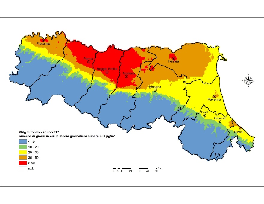 PM10 - Distribuzione territoriale regionale del numero di superamenti del valore limite giornaliero (2017)