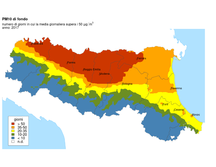 PM10 - Distribuzione territoriale regionale del numero di superamenti del valore limite giornaliero (2017)