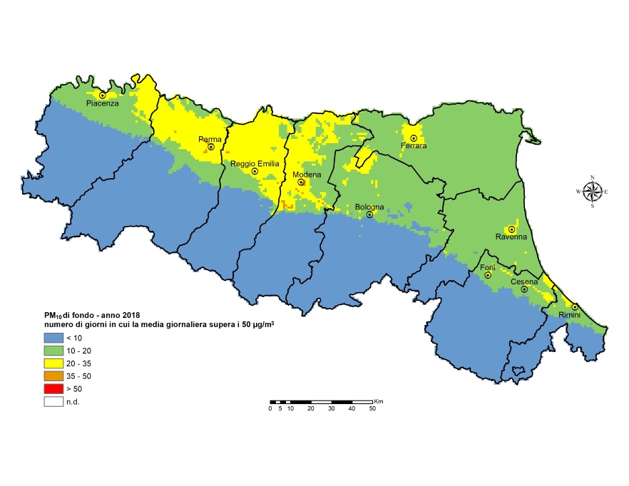 PM10 - Distribuzione territoriale regionale del numero di superamenti del valore limite giornaliero (2018)