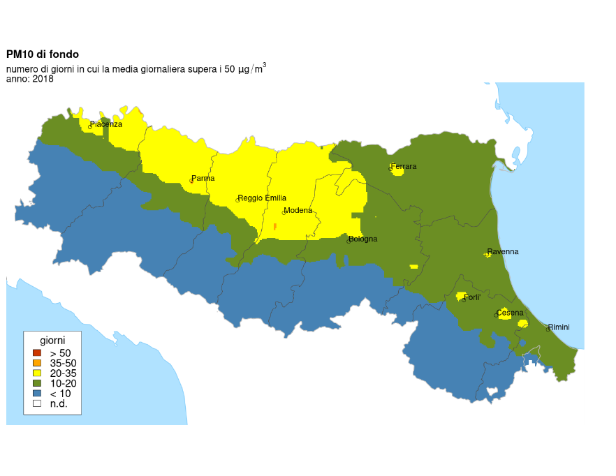 PM10 - Distribuzione territoriale regionale del numero di superamenti del valore limite giornaliero (2018)