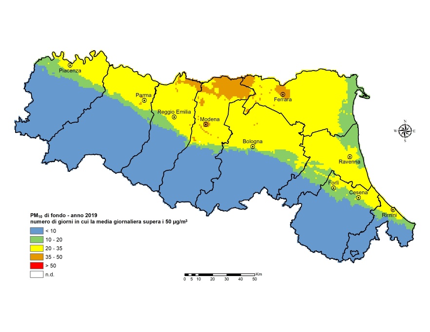 PM10 - Distribuzione territoriale regionale del numero di superamenti del valore limite giornaliero (2019)