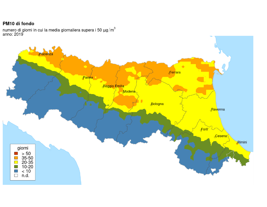 PM10 - Distribuzione territoriale regionale del numero di superamenti del valore limite giornaliero (2019)