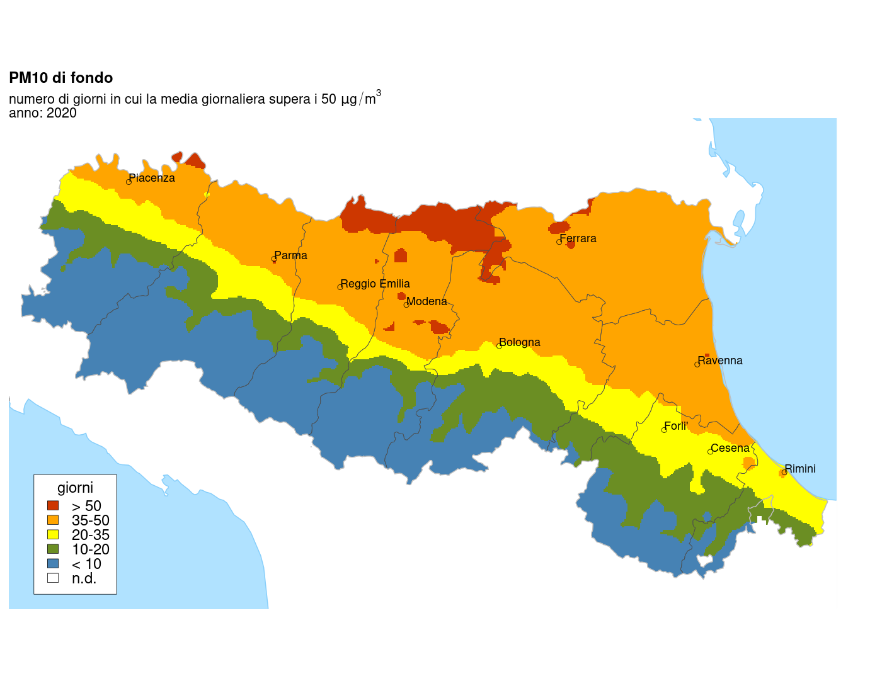 PM10 - Distribuzione territoriale regionale del numero di superamenti del valore limite giornaliero (2020)