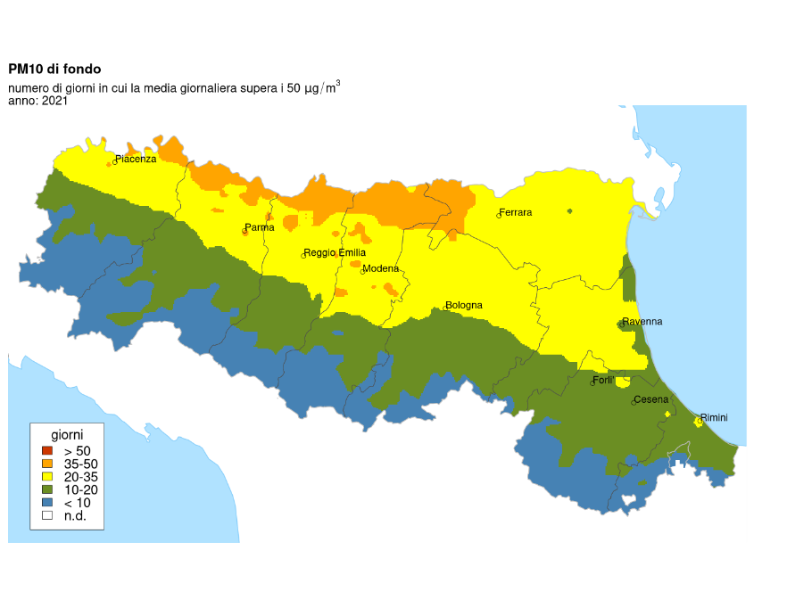PM10 - Distribuzione territoriale regionale del numero di superamenti del valore limite giornaliero (2021)