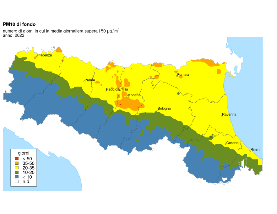 PM10 - Distribuzione territoriale regionale del numero di superamenti del valore limite giornaliero (2022)