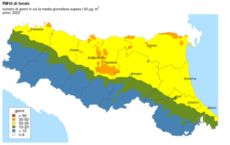 Figura 5: Distribuzione territoriale regionale del numero di superamenti del valore limite giornaliero del PM10 (2022)