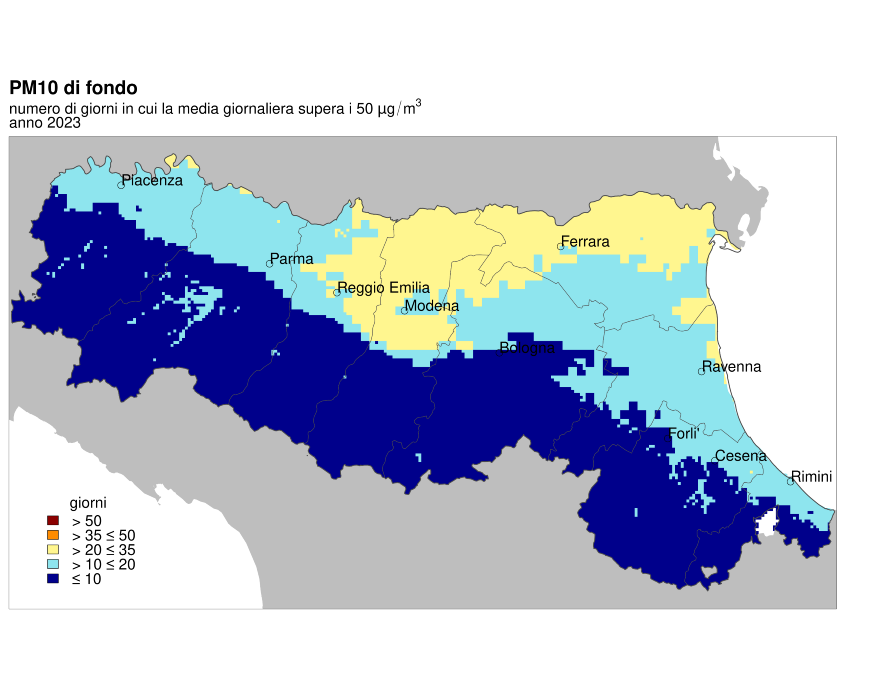 PM10 - Distribuzione territoriale regionale del numero di superamenti del valore limite giornaliero (2023)