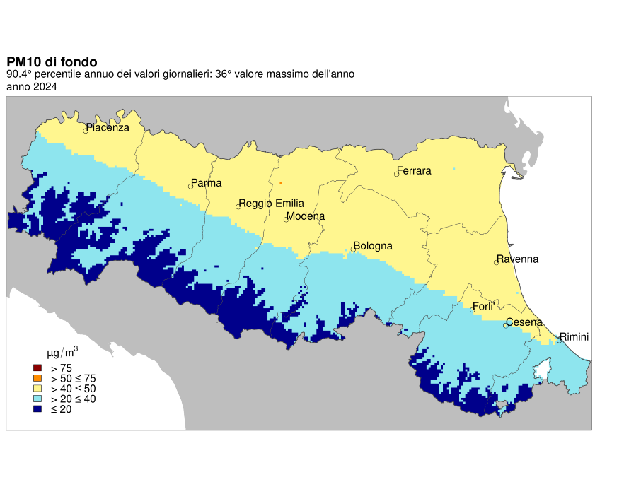 PM10 - Distribuzione territoriale regionale del 90,4° percentile annuo dei valori giornalieri (2024)