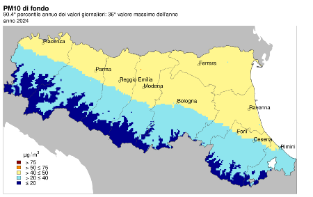 Figura 4: PM10 - Distribuzione territoriale regionale del 90,4° percentile annuo dei valori giornalieri (2024)