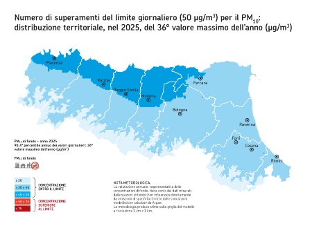 Figura 4: PM10 - Distribuzione territoriale, nel 2025, del 36° valore massimo giornaliero dell'anno (μg/m3) dell'anno 