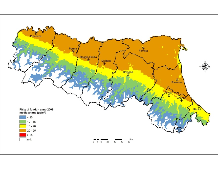 PM 2,5 - Distribuzione territoriale regionale della stima della concentrazione media annuale (2009)