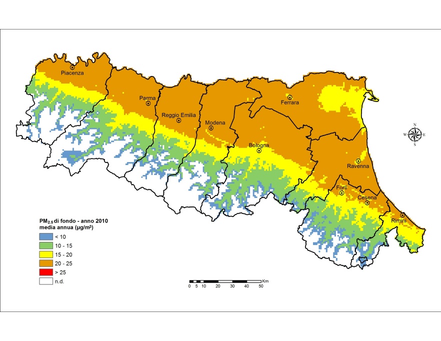 PM 2,5 - Distribuzione territoriale regionale della stima della concentrazione media annuale (2010)