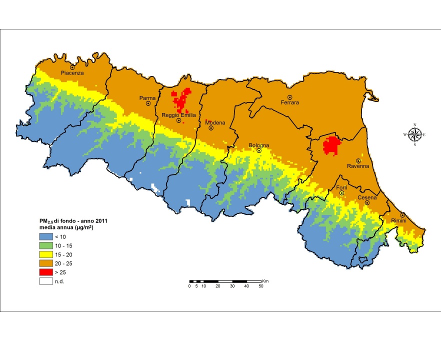 PM 2,5 - Distribuzione territoriale regionale della stima della concentrazione media annuale (2011)