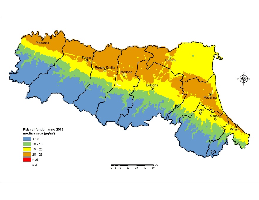 PM 2,5 - Distribuzione territoriale regionale della stima della concentrazione media annuale (2013)
