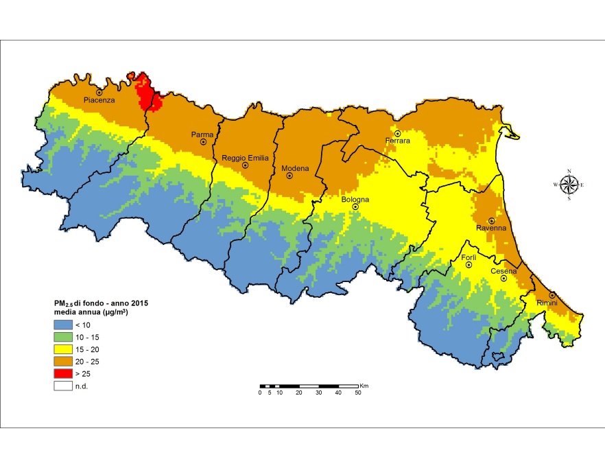 PM 2,5 - Distribuzione territoriale regionale della stima della concentrazione media annuale (2015)